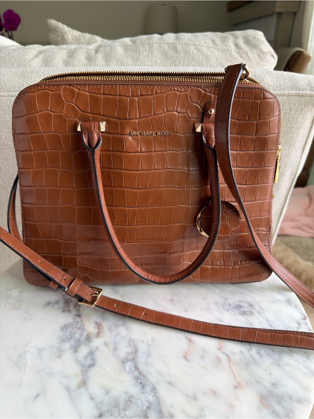 Michael Kors Croc-Embossed Tan Leather Satchel with Gold Hardware